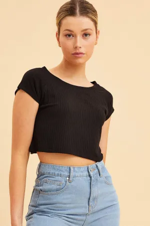 Black Cropped T-Shirt Wide Rib Crew Neck Short Sleeve