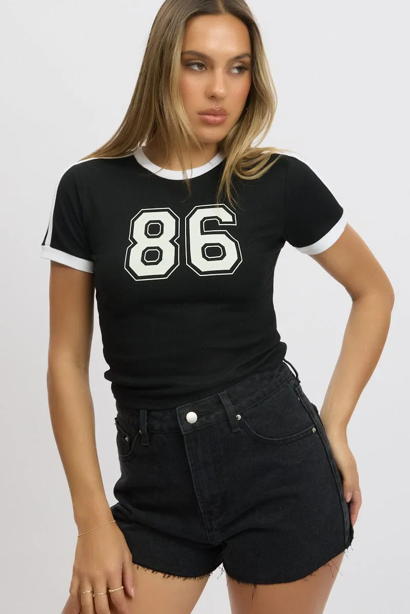 Black Graphic Tee Short Sleeve Contrast Binding