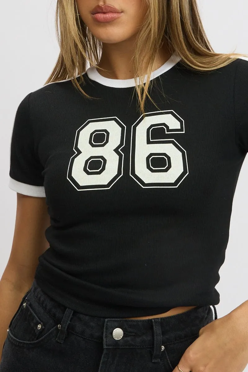 Black Graphic Tee Short Sleeve Contrast Binding
