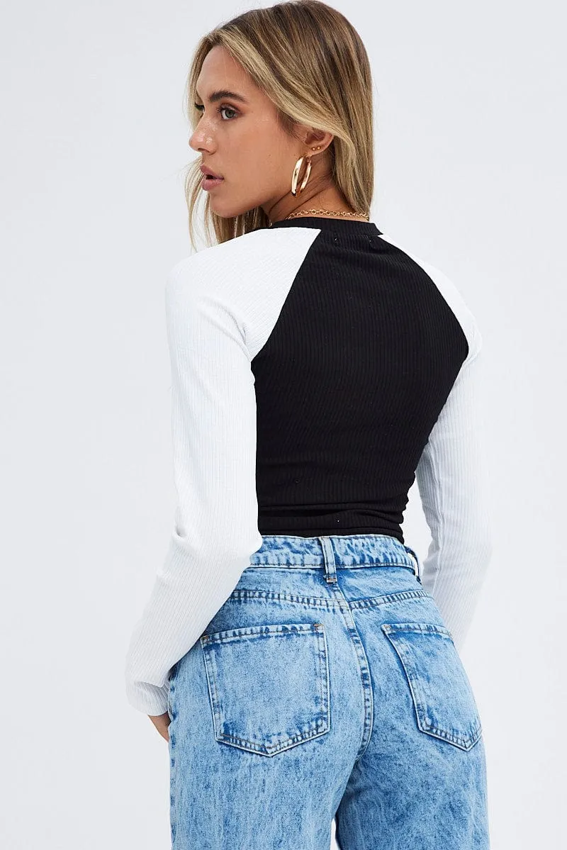 Black Top Long Sleeve Crew Neck Longline Rock Graphic