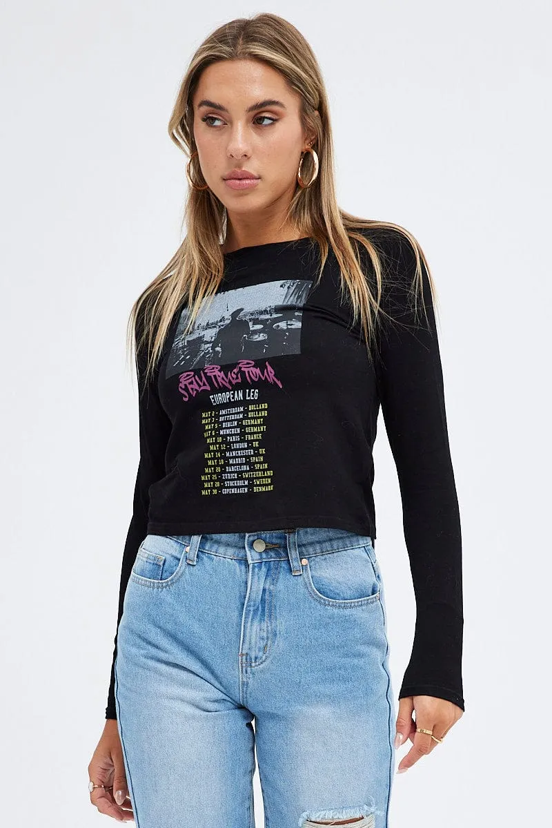 Black Top Long Sleeve Crew Neck Semi-Crop Tour Graphic