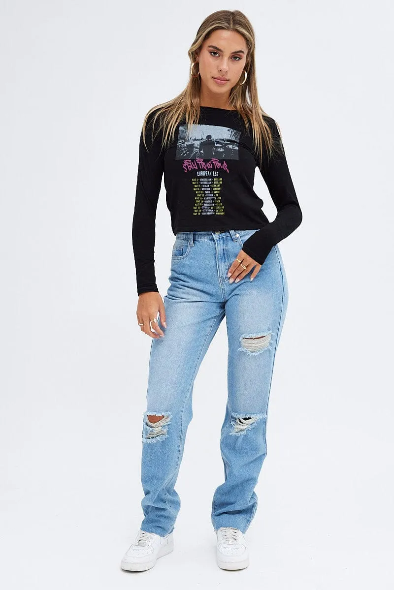 Black Top Long Sleeve Crew Neck Semi-Crop Tour Graphic