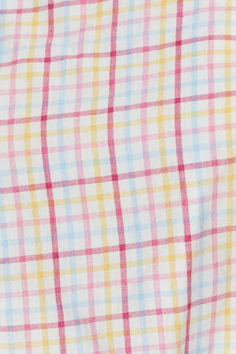 Blue Check Singlet Top Square Neck Linen