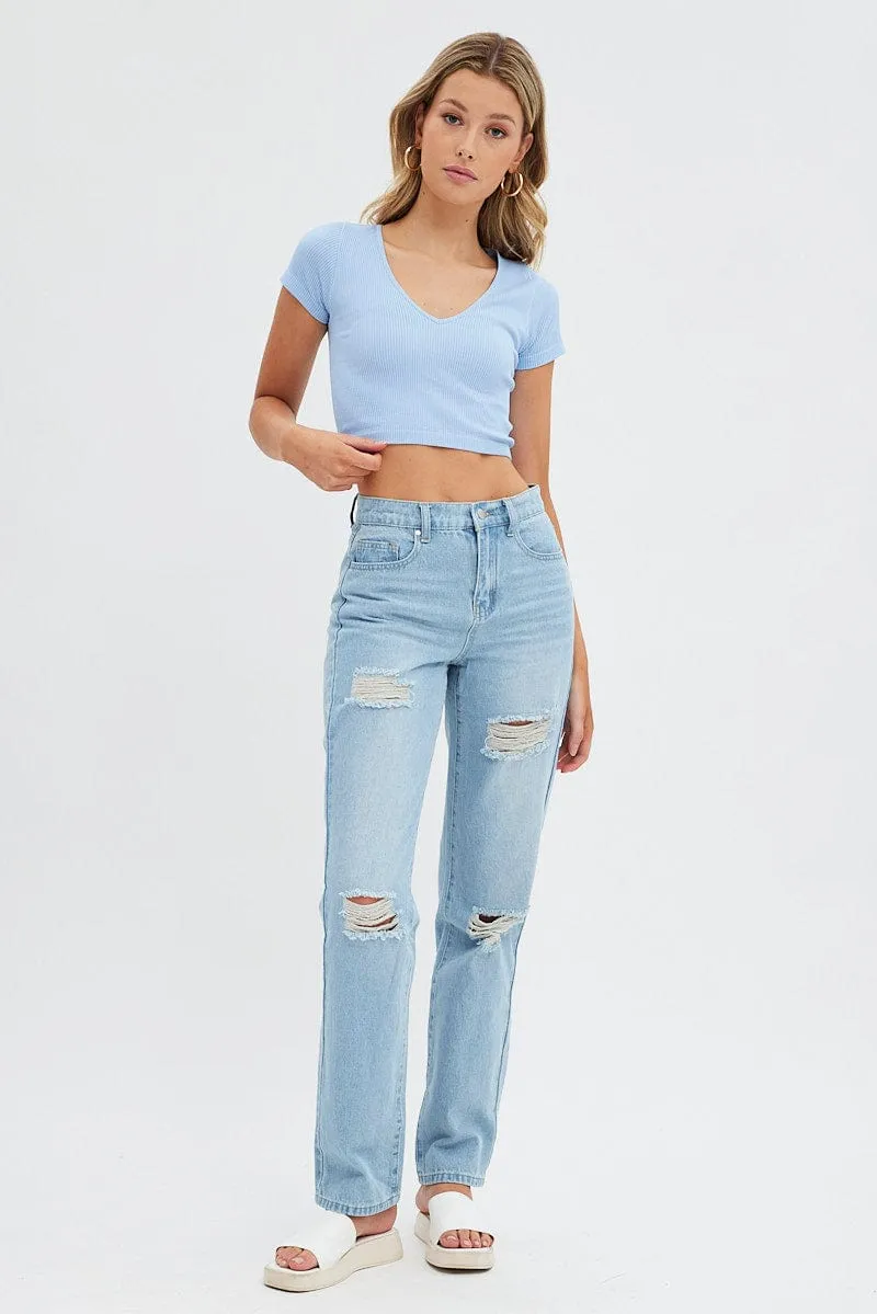 Blue T Shirt Short Sleeve V Neck Seamless