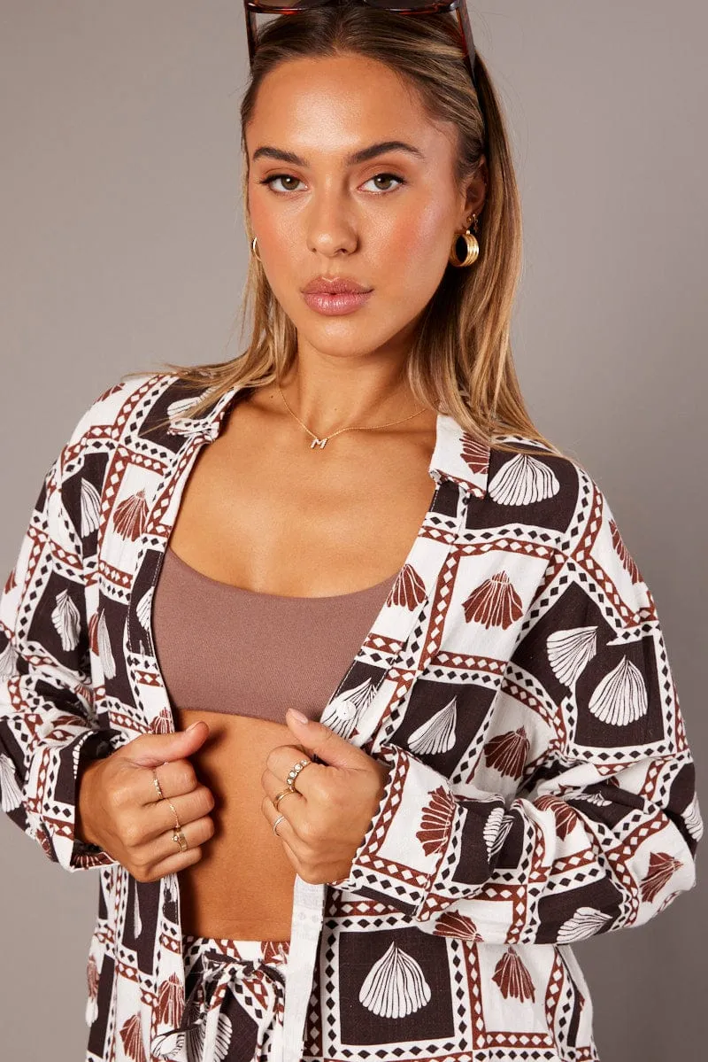 Brown Abstract Relaxed Shirt Long Sleeve Linen Blend