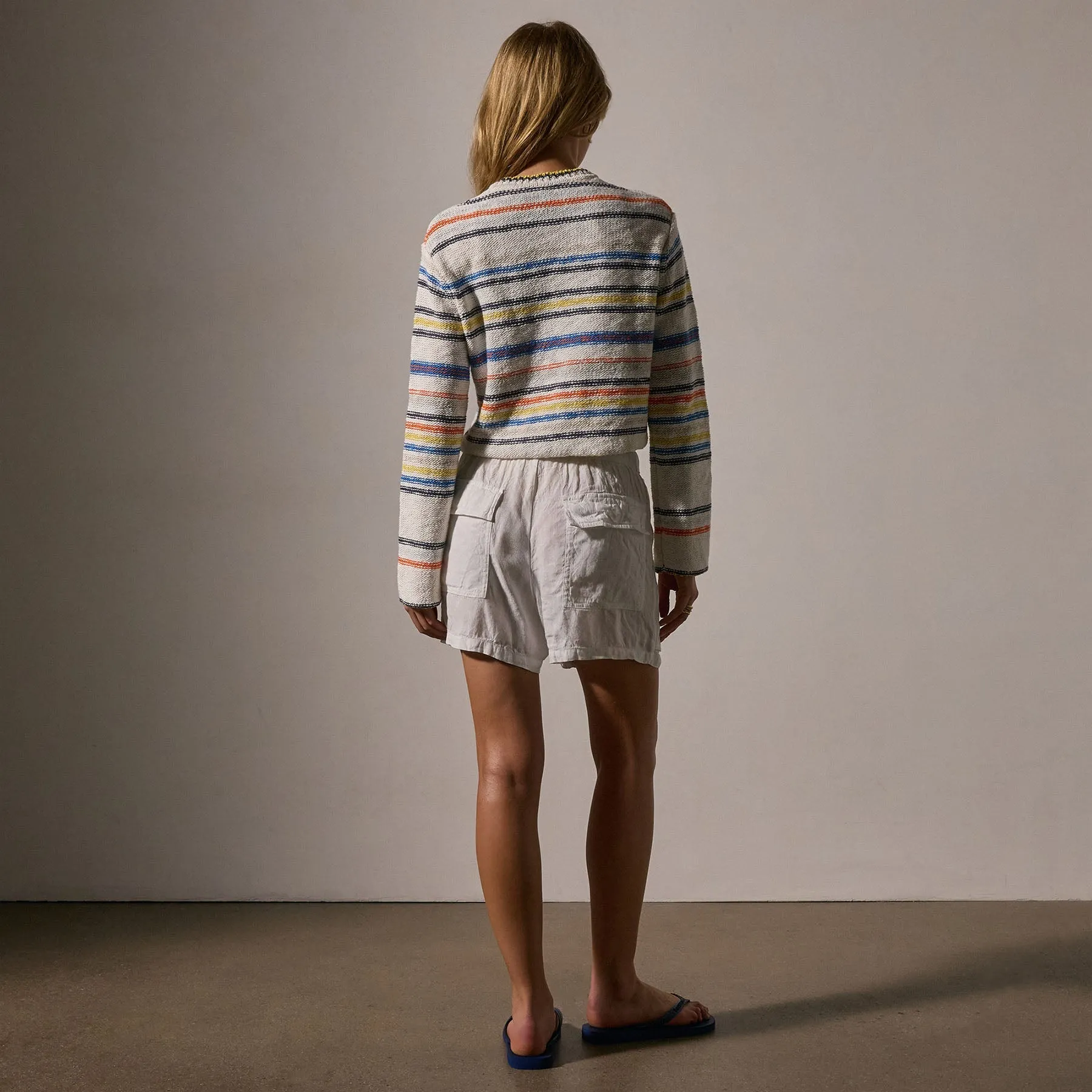 Cotton Linen Knit Stripe Sweater - Multi White