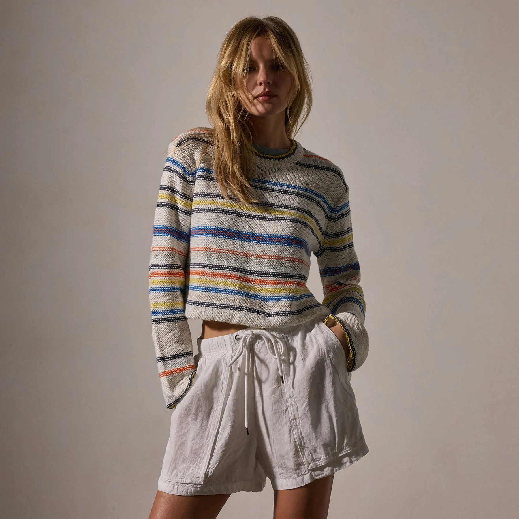 Cotton Linen Knit Stripe Sweater - Multi White