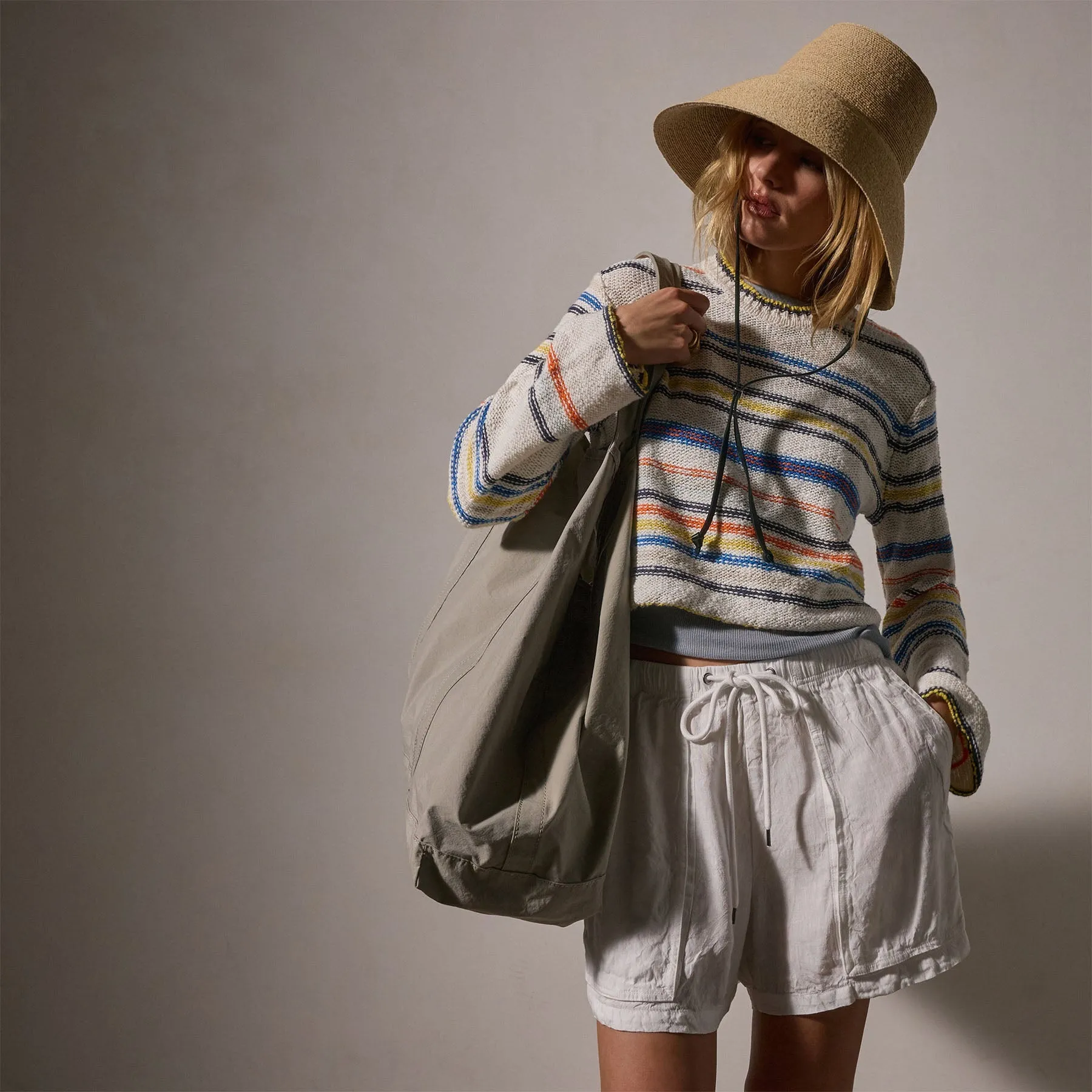 Cotton Linen Knit Stripe Sweater - Multi White