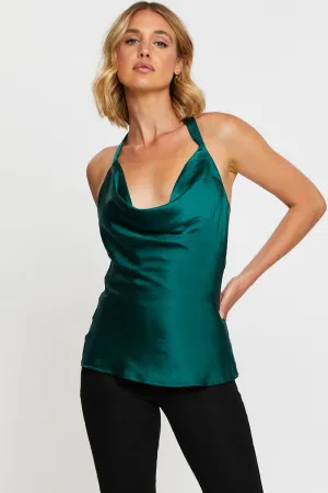 Green Cami Singlet Halter Cowl Neck Satin