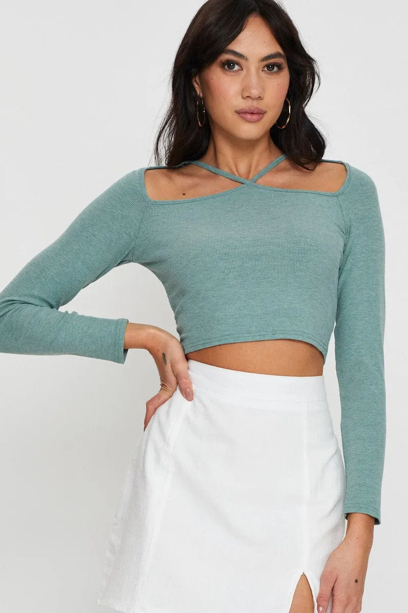 Green Cut Out Top Long Sleeve