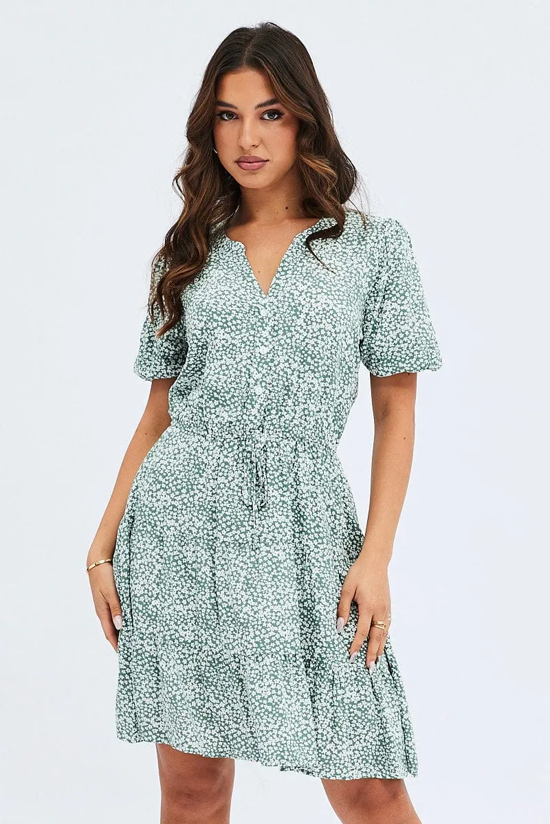 Green Ditsy Shirt Dress Short Sleeve Tiered