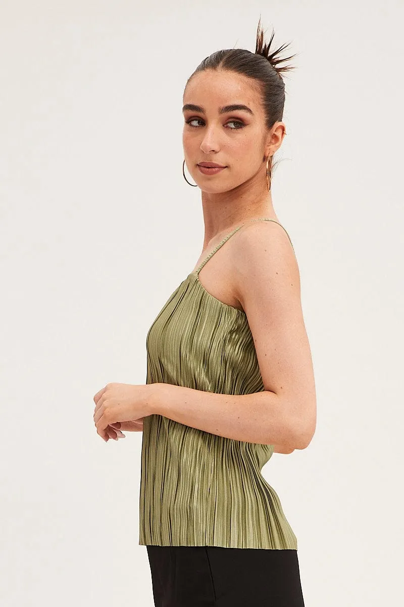 Green Plisse Cami Sleeveless Scoop Neck