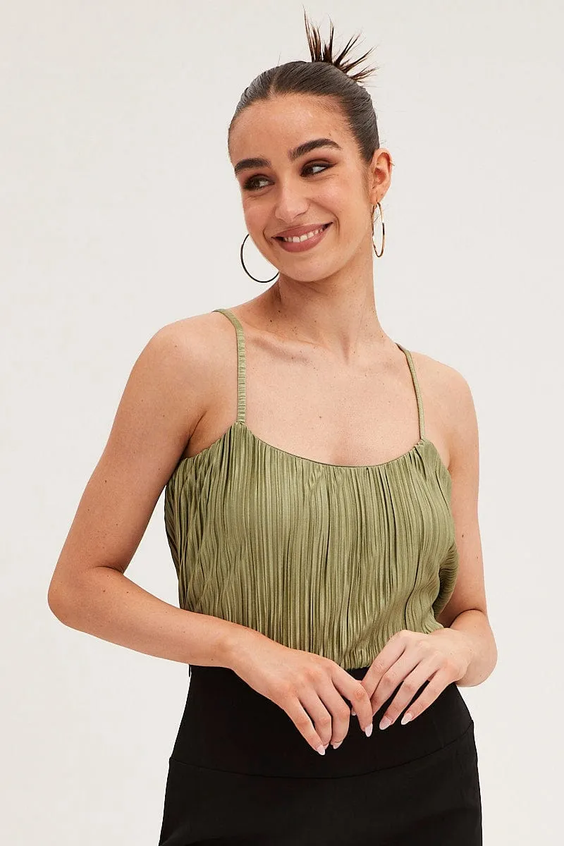 Green Plisse Cami Sleeveless Scoop Neck