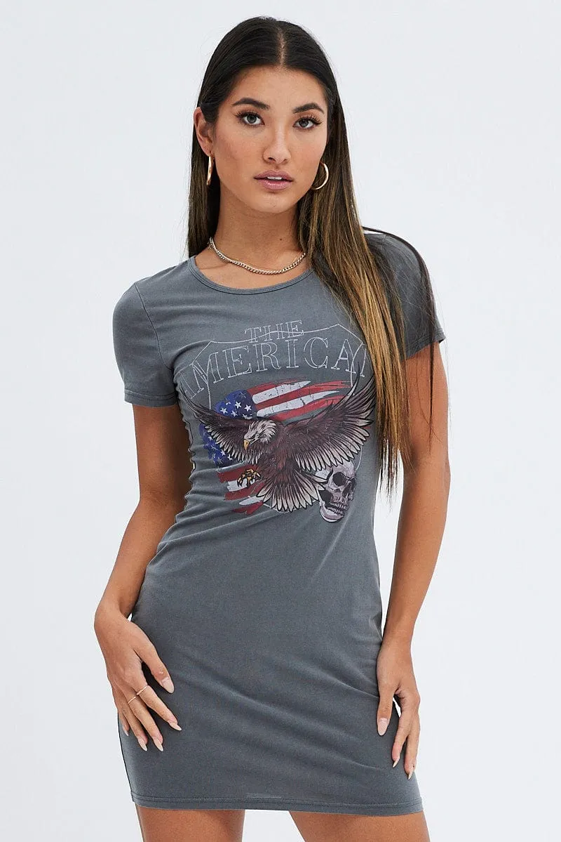 Grey Mini Dress Sleeveless Scoop Neck Eagle Jersey