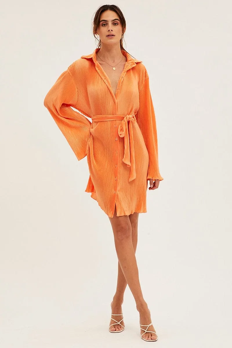 Orange Plisse Shirt Dress Front Button