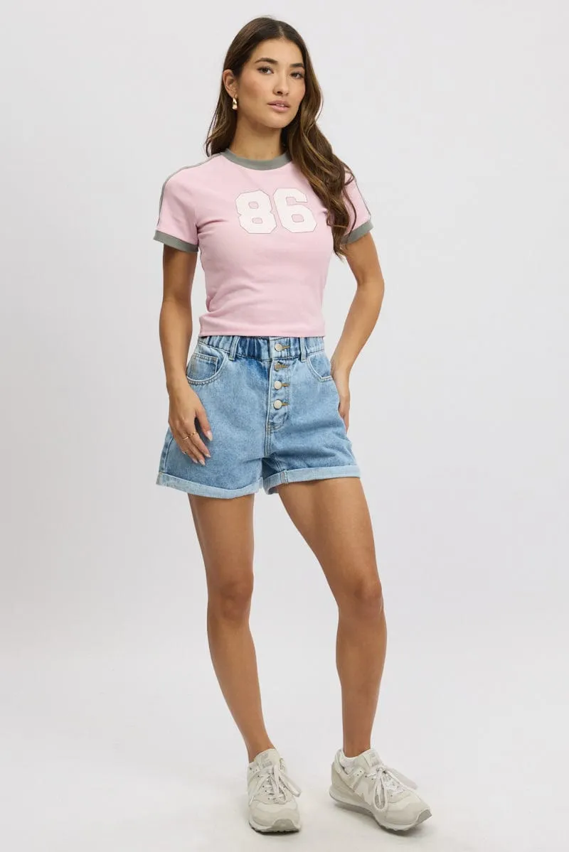 Pink Graphic Tee Short Sleeve Contrast Binding