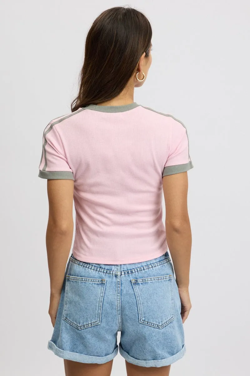 Pink Graphic Tee Short Sleeve Contrast Binding