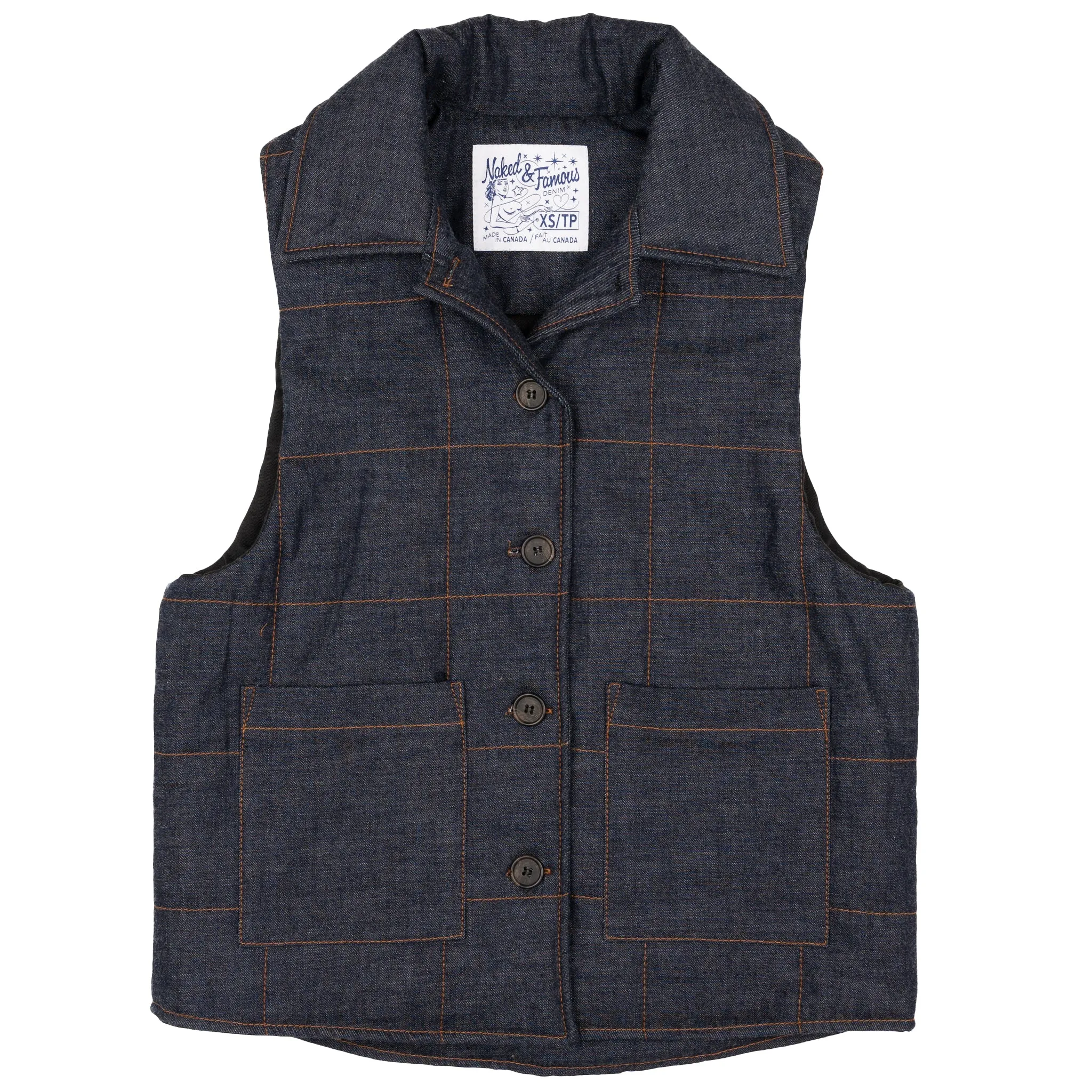 Quilted Vest - Slub   Nep   Rinsed - Indigo