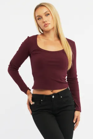 Red Rib Top Long Sleeve Scoop Neck Brushed
