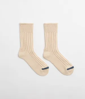 ROTOTO Chunky Ribbed Crew Socks - Raw Beige / Dark Blue