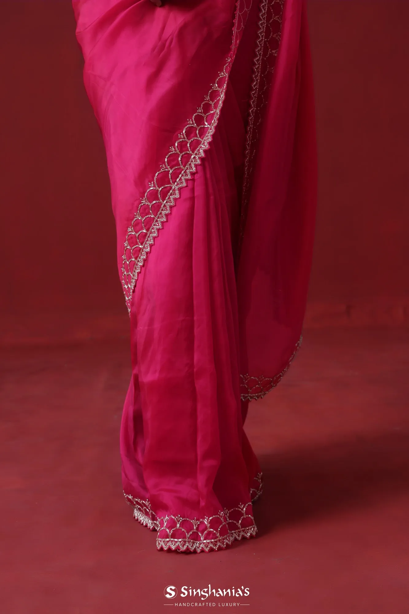 Rubine Red Handcrafted Satin Saree With Floral Butti