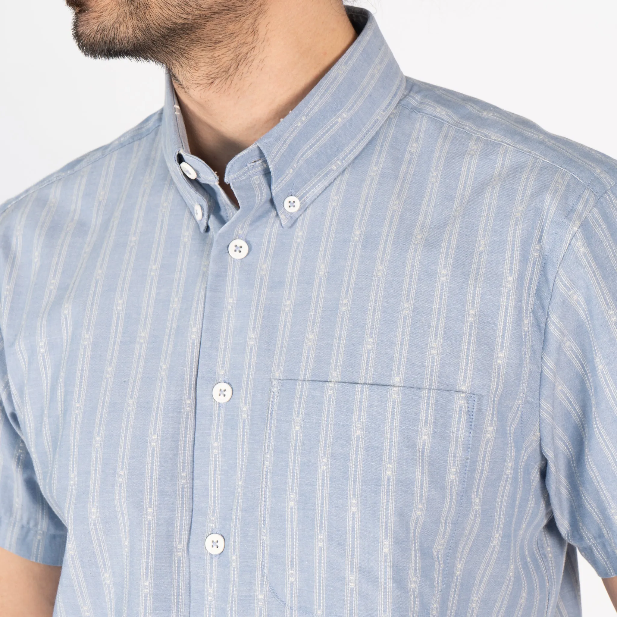 Short Sleeve Easy  Shirt - Vintage Dobby Stripes - Pale Blue