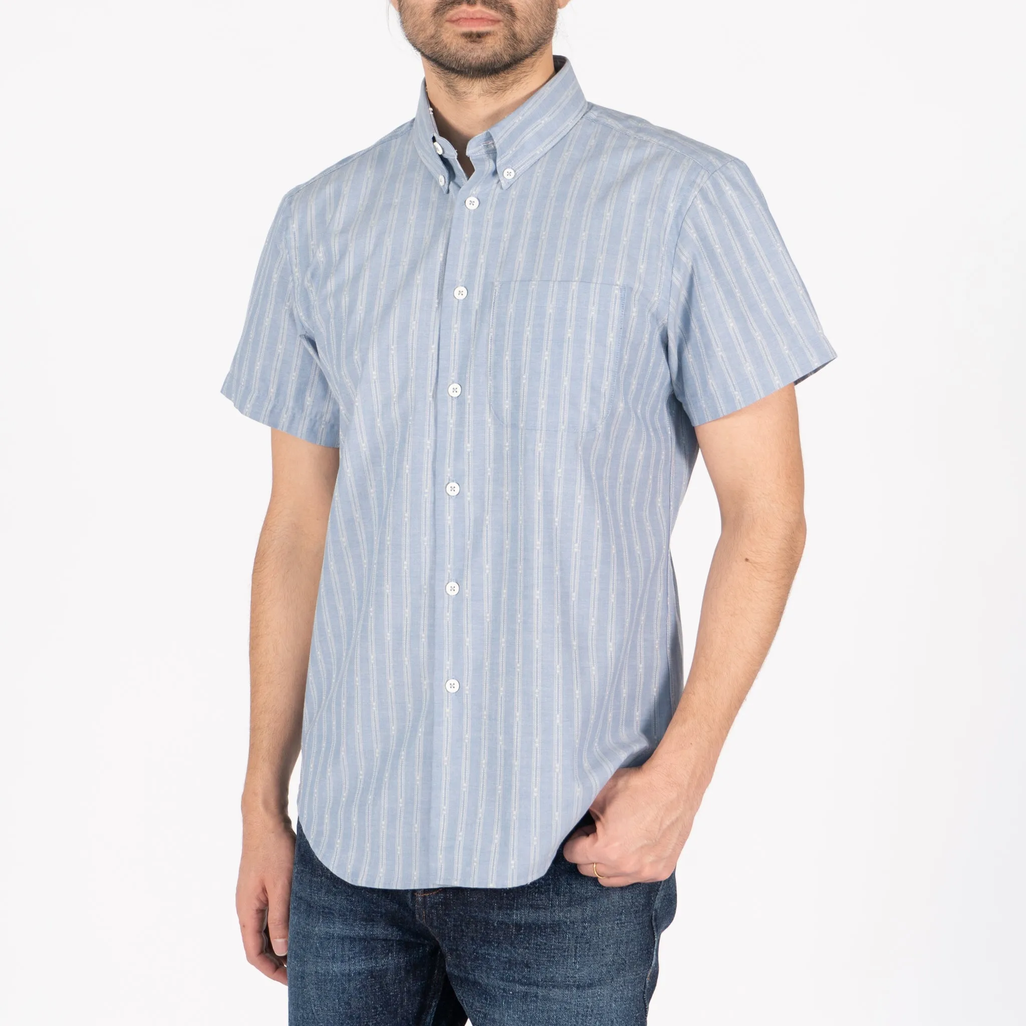 Short Sleeve Easy  Shirt - Vintage Dobby Stripes - Pale Blue