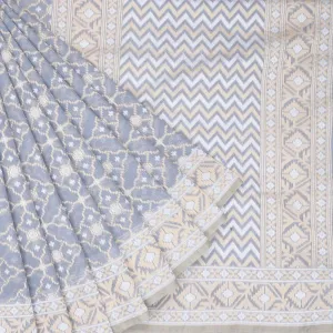 Silver Grey Cotton Saree With Geometric Floral Pattern