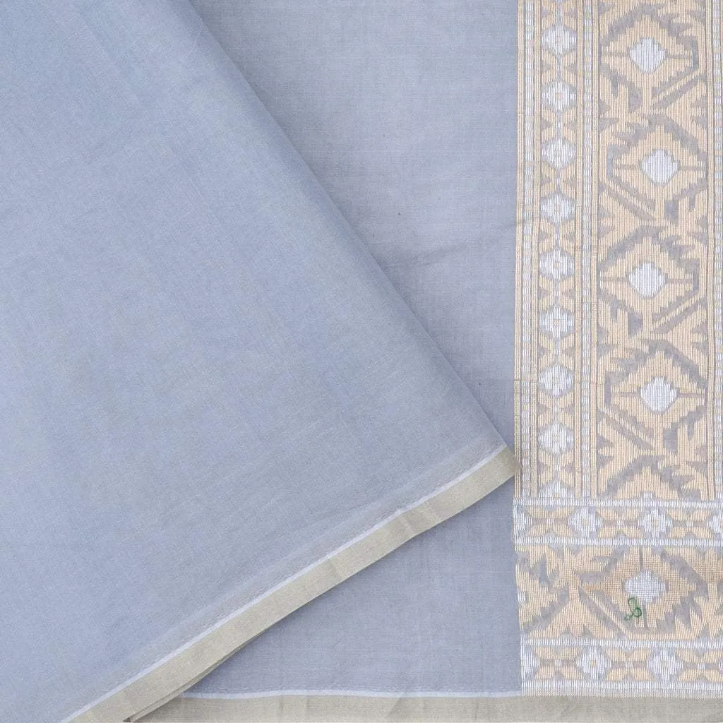 Silver Grey Cotton Saree With Geometric Floral Pattern