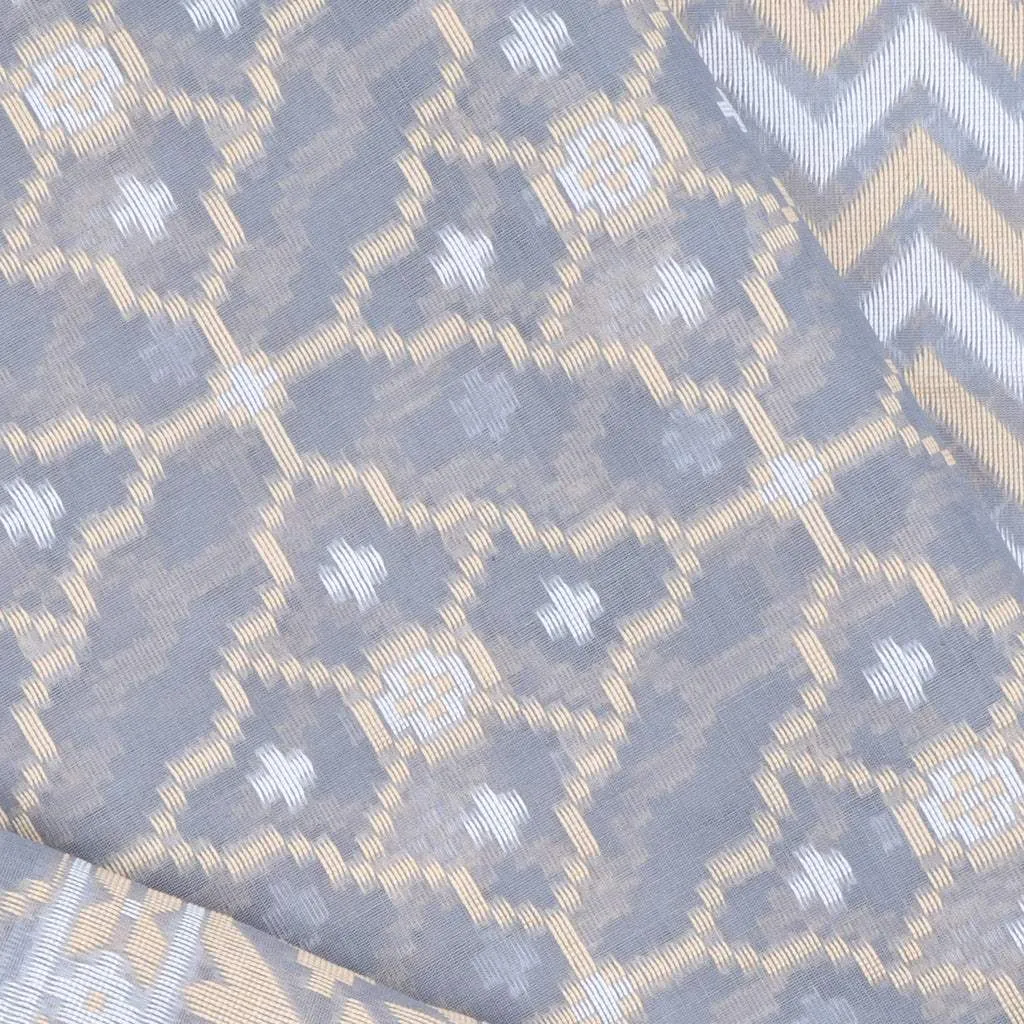 Silver Grey Cotton Saree With Geometric Floral Pattern
