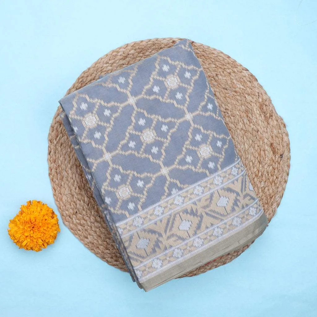 Silver Grey Cotton Saree With Geometric Floral Pattern