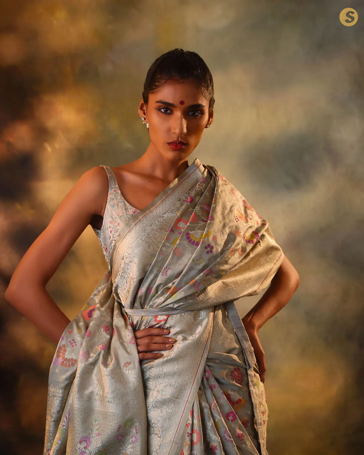 Soft Grey Jangla Banarasi Silk Saree