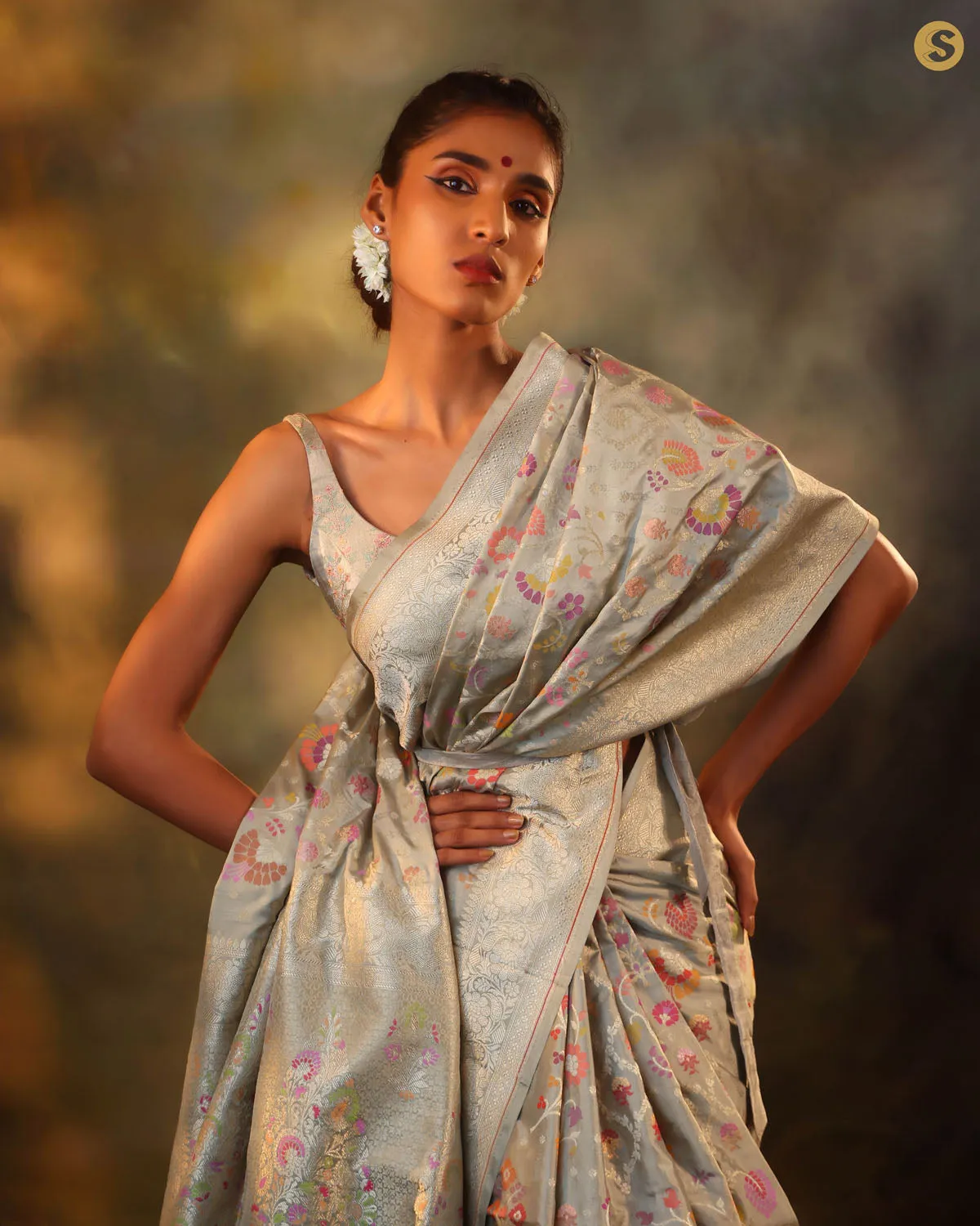 Soft Grey Jangla Banarasi Silk Saree