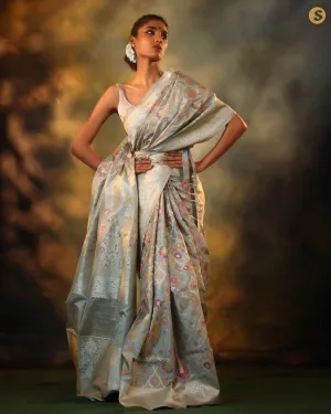 Soft Grey Jangla Banarasi Silk Saree