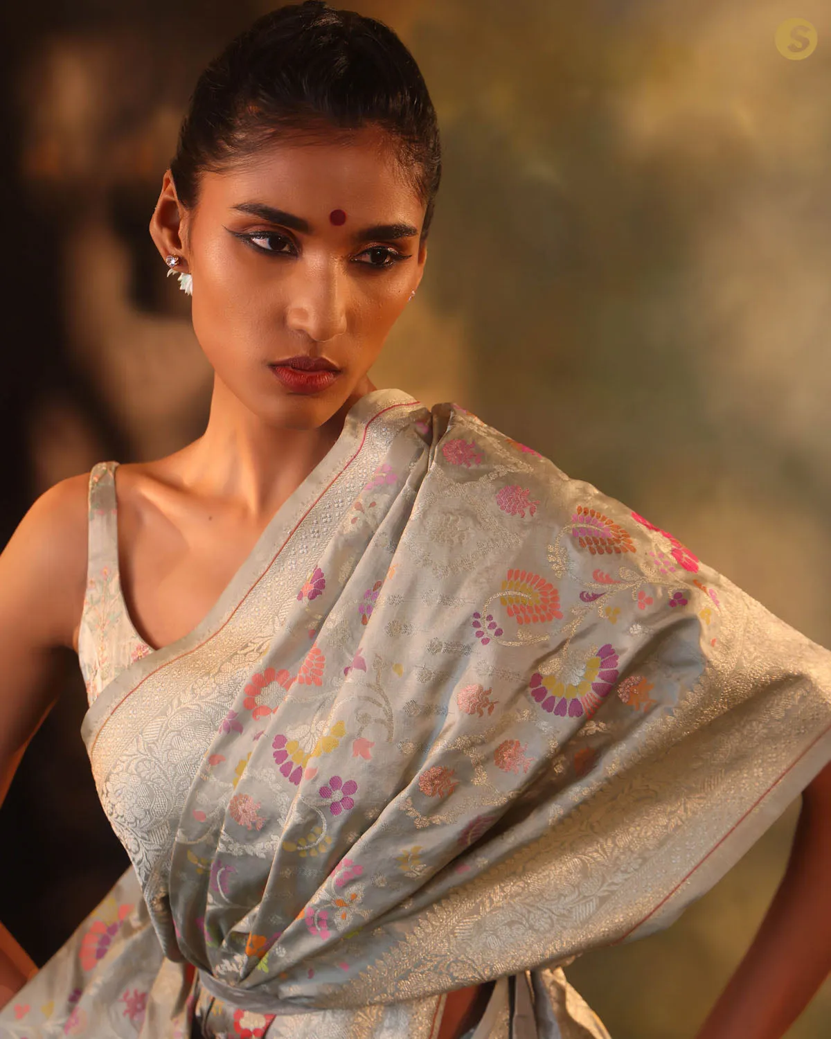 Soft Grey Jangla Banarasi Silk Saree