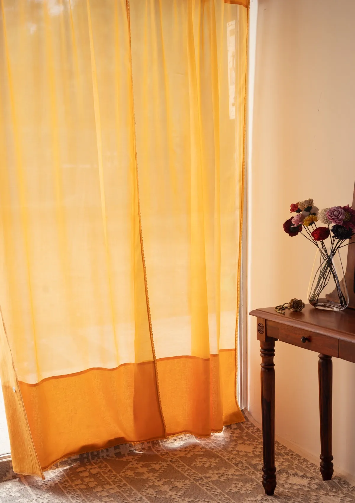 Sunrise Tangerine Chanderi Sheer Curtains-Set of 2