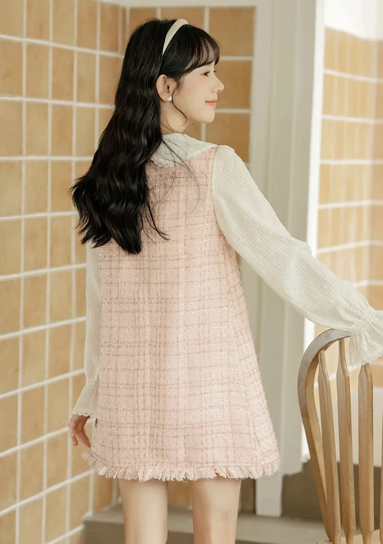 Tweed Plaid Mini Shift Dress (Pink)