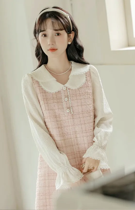 Tweed Plaid Mini Shift Dress (Pink)