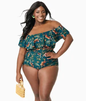Unique Vintage Plus Size Green Tiger Print Ruffled Ramona Swim Top