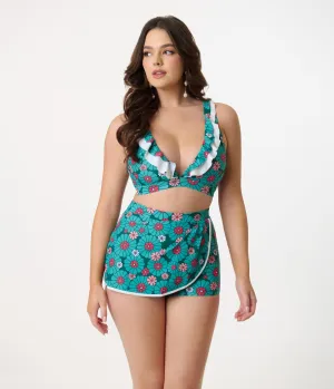 Unique Vintage Teal Flower Child High Waist Skort Swim Bottom