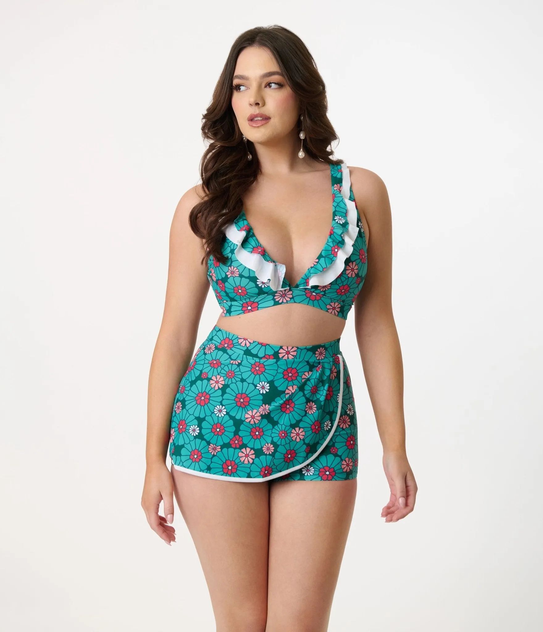 Unique Vintage Teal Flower Child High Waist Skort Swim Bottom