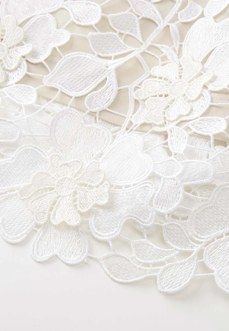 V Neck Black Detailing Jacquard White Lace Dress