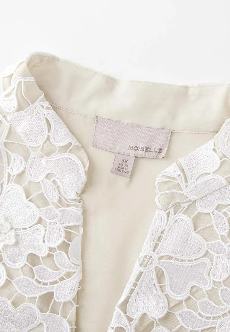 V Neck Black Detailing Jacquard White Lace Dress