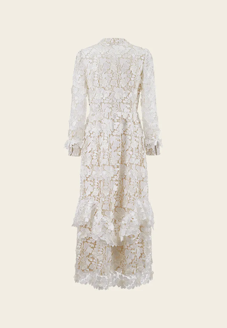 V Neck Black Detailing Jacquard White Lace Dress