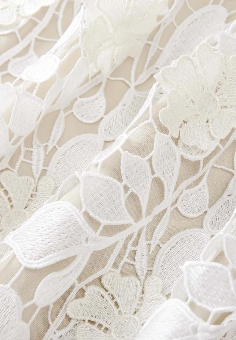 V Neck Black Detailing Jacquard White Lace Dress
