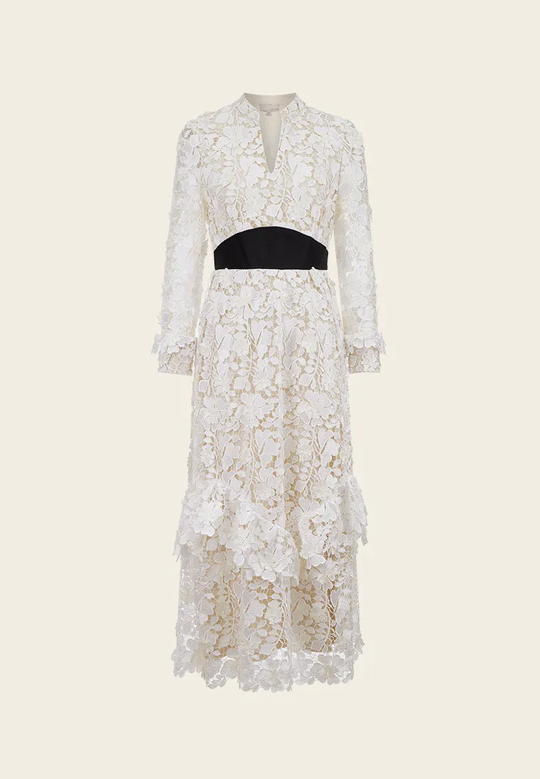V Neck Black Detailing Jacquard White Lace Dress
