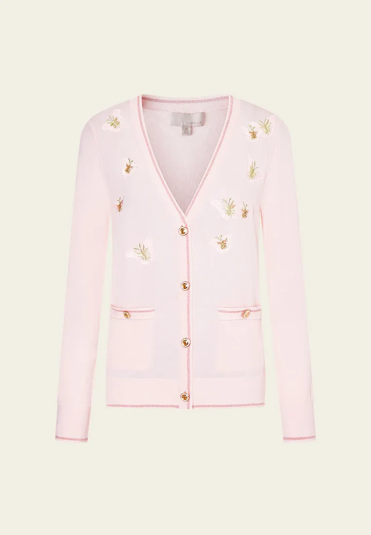 V-neck Embroidery-detail Ribbed-trim Cardigan