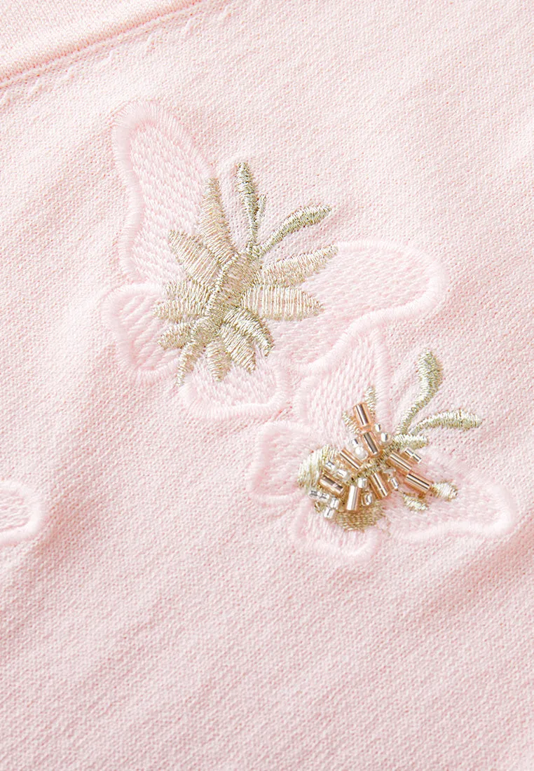 V-neck Embroidery-detail Ribbed-trim Cardigan