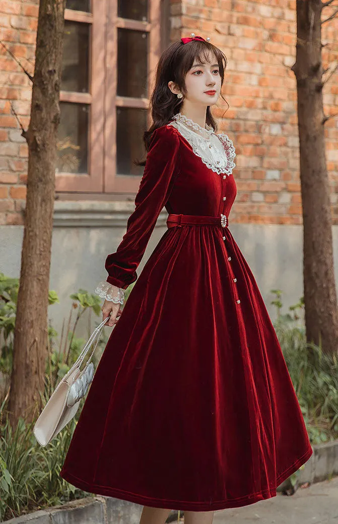 Velvet Lace Midi Dress (Red)