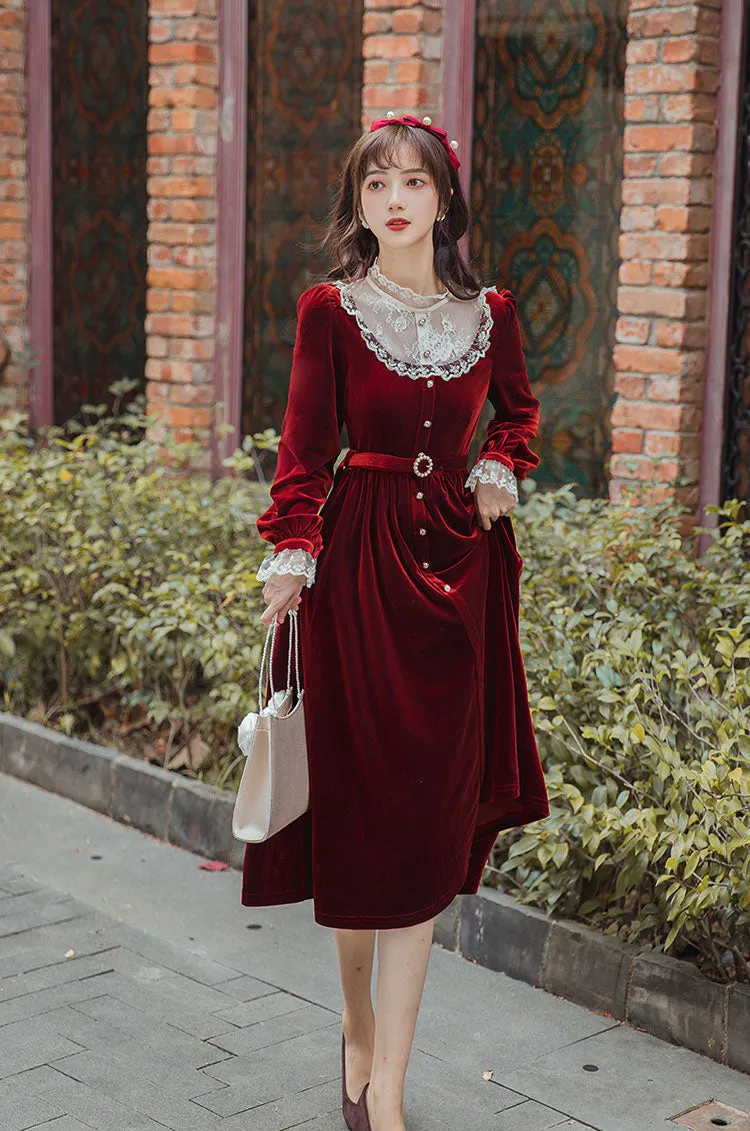 Velvet Lace Midi Dress (Red)